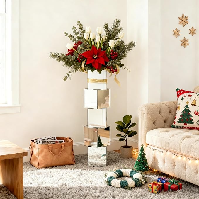 Silver Mirror Floor Vase, Square Glass Tall Vases for Decor Living Room Floor, Featuring a Bold Geometric Stacked Design, 27 inch Tall