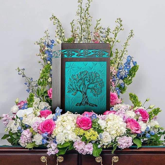 INTAJ Cremation Urn for Human Ashes - Wooden Urn Box for Ashes Handcrafted - Tree of Life Memorial Urn Funeral Cremation Urns (Teal Green, X-Large (250lbs or 115kg))