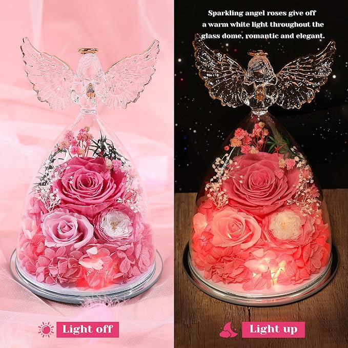 FIACO Gifts for Women Preserved Rose Forever Flower in Glass Angel Figurine Fresh Flowers for Delivery Mothers Day Birthday Gifts for Mom Grandma Wife Sister Pink
