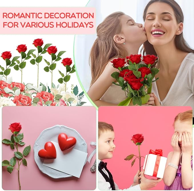 Hotop 120 Pcs Roses Artificial Flowers in Bulk,Long Stem Artificial Flower Bouquet,Silk Real Touch Fake Rose for Wedding Party Table Centerpieces Decor Valentines Gifts(Red)