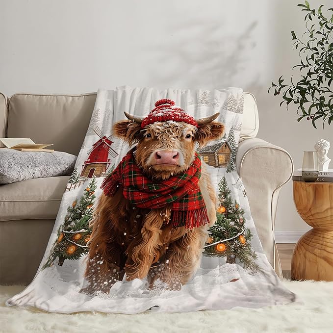 Highland Cow Blanket Christmas Cattle Throw Blanket Winter Snow Soft Cozy Fleece Fuzzy Stuffed Plush Farm Animal Flannel Gifts for Girls Women Boys Kids Adults 50"X60"