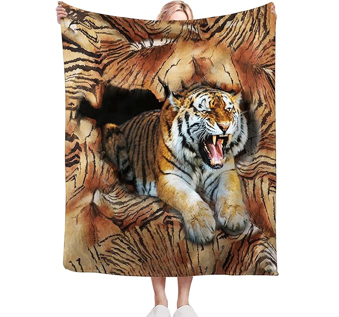 Tiger Throw Blanket, 80"x60", Microfiber Flannel Blend, Animal Print, Multicolor, Unisex, Adults & Kids, All Seasons