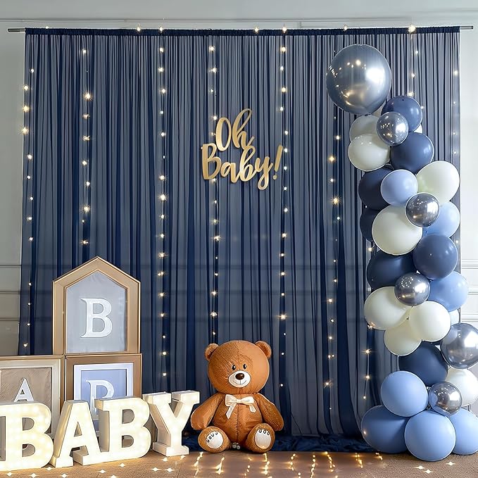 20x10ft Navy Blue Tulle Backdrop Curtain with Lights String for Parites, Sheer Backdrop Curtains for Wedding Baby Shower Birthday Party Photo Shoot Decorations