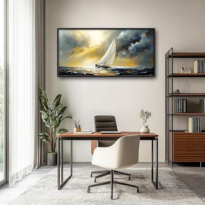 Ocean Sailboat Large Wall Art Framed Wall Decor for Living Room Abstract Boat Pictures Oversized Canvas Print Painting Modern Extra Large Artwork for Bedroom Office Home Decor 60"x30"