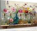 1Pcs Framed Retro Farmhouse Flowers Canvas wall art Colorful wildflowers Posters Prints Colored glass bottles Artwork Pictures Printing Wall Decor for Living Room Bedroom Bathroom Home Decoration