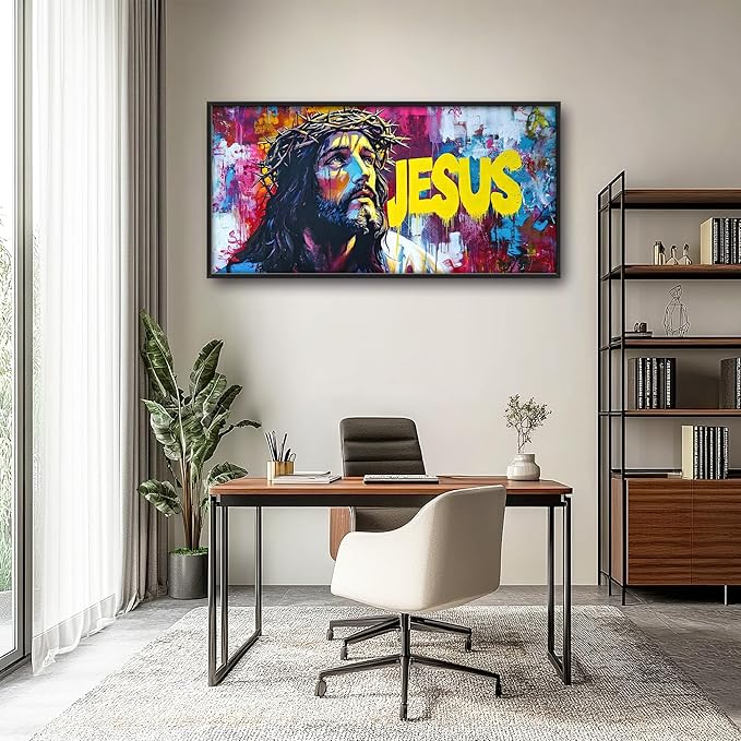 Banksy Jesus Large Wall Art Graffiti Framed Wall Decor for Living Room Pop Street Pictures Oversized Canvas Print Painting Modern Extra Large Framed Artwork for Bedroom Office 60"x30"