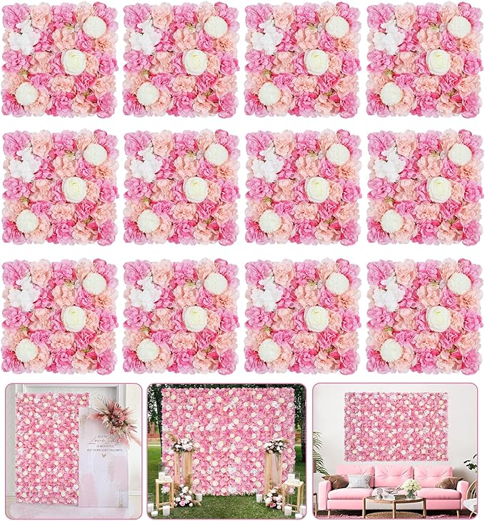 Rose Flower Wall Backdrop Panels 5ftx3.74ft Pink White Artificial Wedding Backdrop 3D Fake Floral Wall for Baby Shower Birthday Party Stage Photo Home Decor