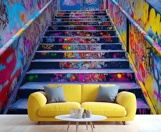 Graffiti Staircase Wall Mural, Urban Street Art 3D Wall Murals, Modern Hip-Hop Colorful Graffiti Steps Wallpaper Mural, for Living Room Bedroom Large Wallpaper Indoor Decor 197" W x124.8 H