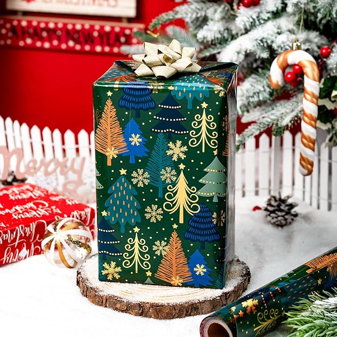 MAYPLUSS Christmas Wrapping Paper Roll - 17 Inch X 33 Feet - Green Gift Wrapping Paper Christmas Tree Snowflake Reversible Red for Holiday Party New Year Kids