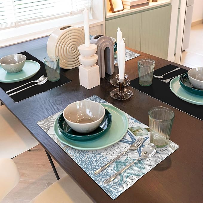 Nautical Placemats Set of 4,Summer Starfish Beach Theme Ocean Seashell,Blue Coastal Linen Fabric Table Mats for Home Kitchen Dining Party Decor 4 PCS