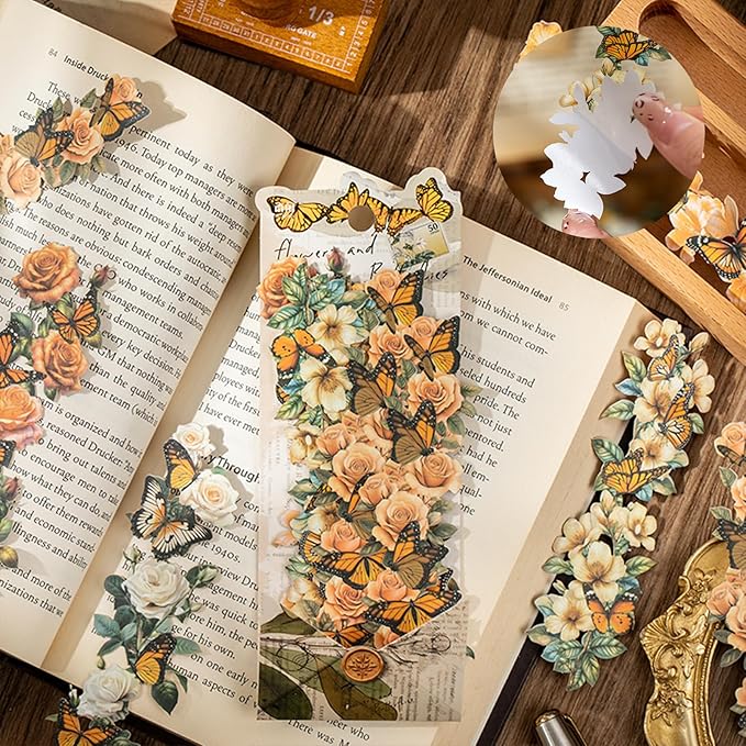Butterfly Flower Long Strip Scrapbook Stickers Aesthetic Butterflies Flowers Collage Decorative Stickers For Scrapbooking Border Strips Vintage Floral Border Stickers For Journaling Scrapbook Supplies