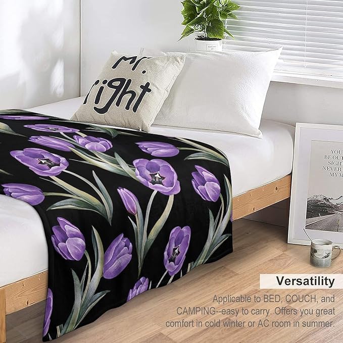 Purple Tulip Blanket Flower Gifts for Girls Women Tulip Floral Throw Blanket for Kids Adults Soft Warm Cozy Fleece Blanket for Couch Sofa Bed 50"x60"
