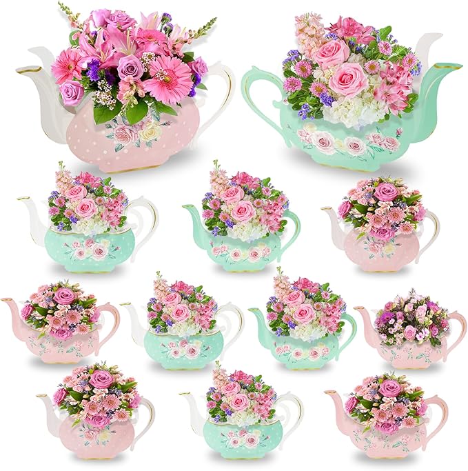 Floral Teapot Centerpiece 12Pcs Teapot Princess Flower Centerpieces Paper Tea Vase Boxes Teapots Favor Boxes Lets Par-Tea Supplies for Vintage Wedding Birthday Baby Shower Anniversaries