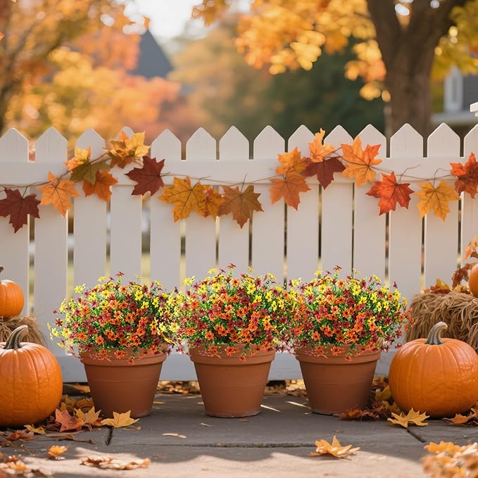 Homsunny Artificial Mums Flowers Outdoors Autumn Decor, Fall Fake Silk Daisy UV Resistant, 12 Bundles Outside Faux Flower Plants for Home Garden Porch Patio Yard Balcony Window (Yellow Brown Orange)