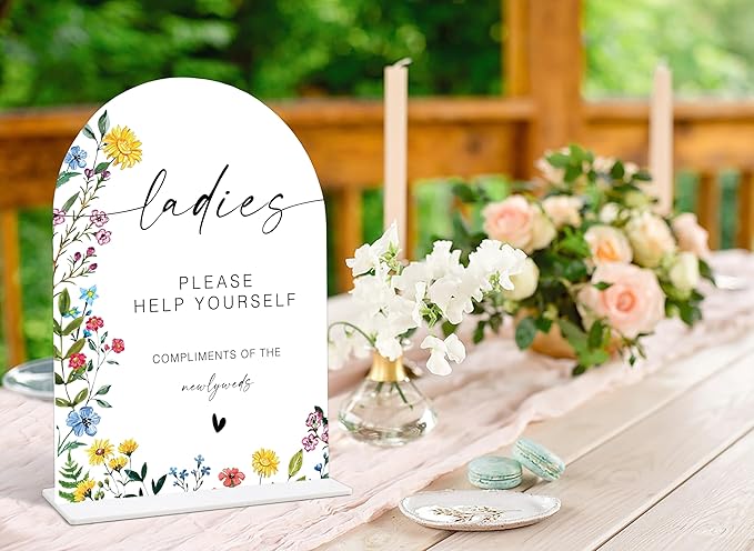 Acrylic Wedding Signs Ladies Please Help Yourself Sign, Wedding Bathroom Basket Supplies, 6x8" Floral Themed Arch Acrylic Table Decor, Love Is In Bloom Decorations for Bridal Shower Baby Shower