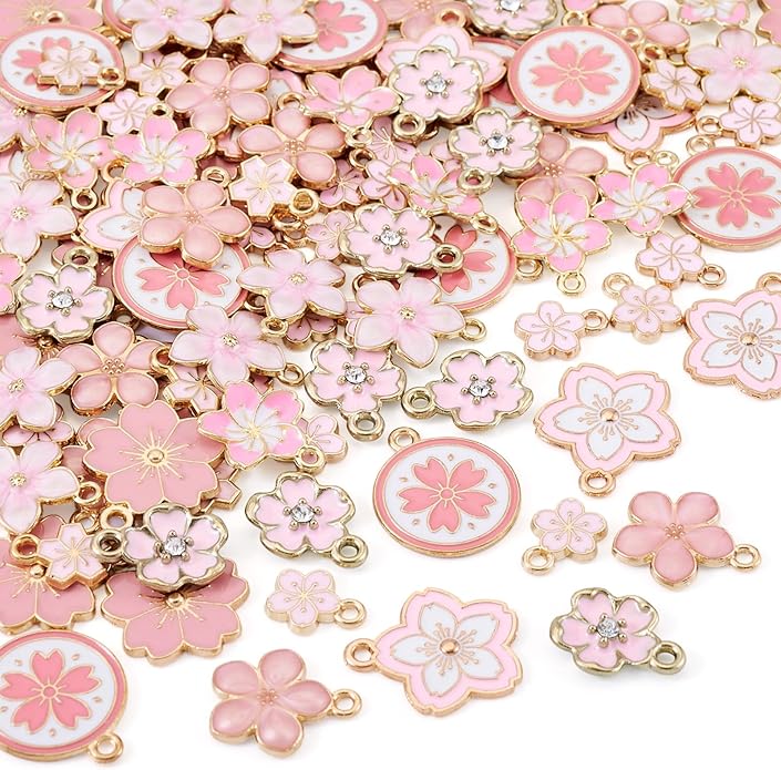KISSITTY 100Pcs Light Gold Alloy Enamel Charms Cherry Blossom Flower Charm Bulk Gold Plated Pendant Cute Small Floral Dangle Charms for DIY Jewelry Making Kit Bracelet Necklace Keychain Crafts