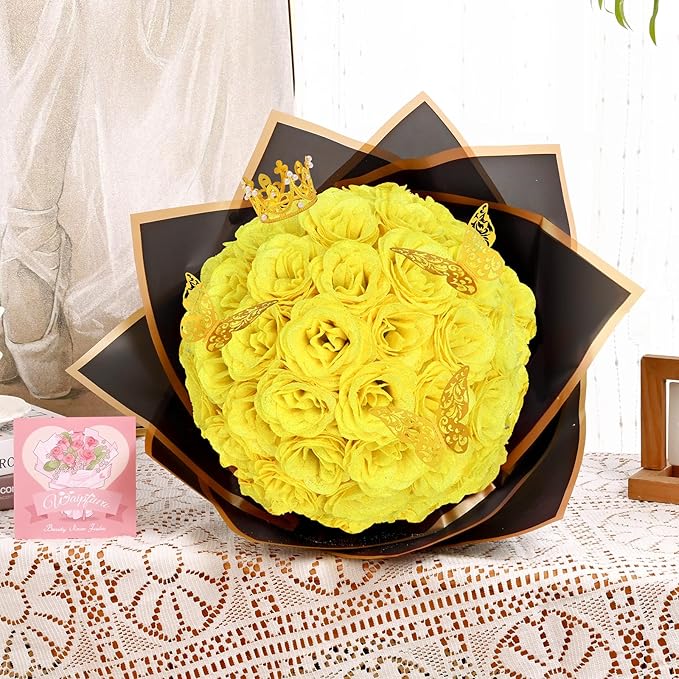 Waipfaru Glitter Roses Bouquet, DIY Yellow Fake Flowers Bouquet, Birthday Gifts for Women Mom, 24 Pcs Rose for Grandma Wife Girlfriend Valentines, Mothers Day, Anniversary, Graduation
