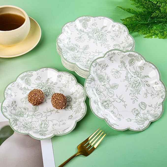 48 Pcs Sage Green Floral Party Plates Vintage Floral Leaf Disposable Paper Plates Wildflower Green Toile 7" Scalloped Rim Dessert Plates for Christmas Birthday Bridal Tea Party Supplies
