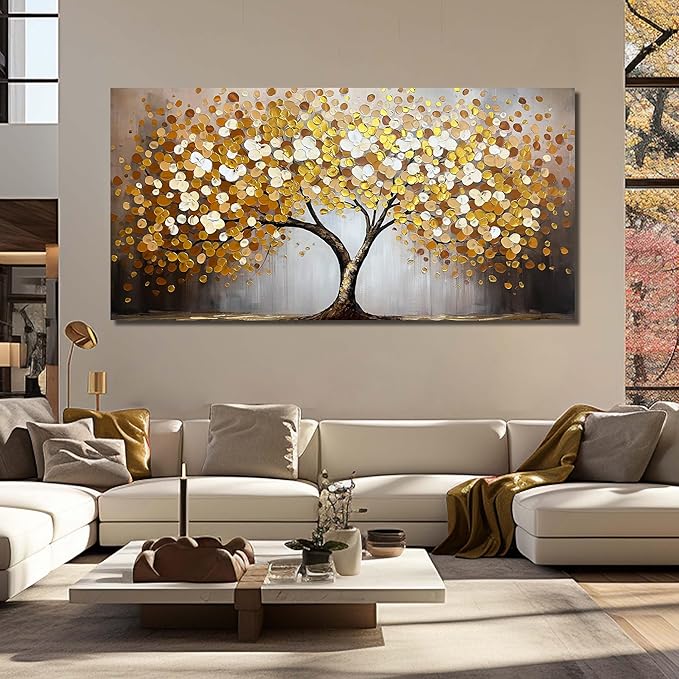 Tree of Life Canvas Wall Art for Living Room Gold and White Wall Decor for Office Extra Large Painting Canvas for Dining Room Size 40 x 80 Inch