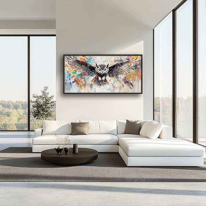 Large Banksy Owl Wall Art for Living Room, Framed Oversized Owl Wall Decor Wild Animal Canvas Painting Pictures Modern Artwork for Living Room Bathroom Bedroom Office Dining Room 60"x30"