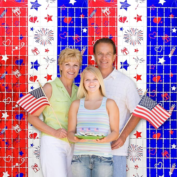 4th of July Decorations, 2 Packs 3.3x6.6ft 4th of July Photo Backdrop Streamer，Red White and Blue Tinsel Foil Fringe Curtains for Independence Day, America Patriotic, Memorial Day, Labor Day