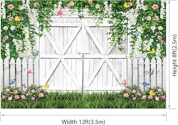 AOFOTO White Barn Door Floral Backdrop 12x8ft Spring Garden Background Banner Green Leaves Flowers Butterfly Wooden Door Backdrops Birthday Bridal Shower Wedding Banner Photo Booth Studio Props
