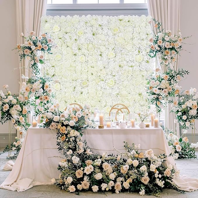 MoKoHouse White Backdrop Flower Wall Panels: 3D Artificial Silk Floral Wall Panels for Wedding Birthday Decorations 24 Packs 15x15 Inches