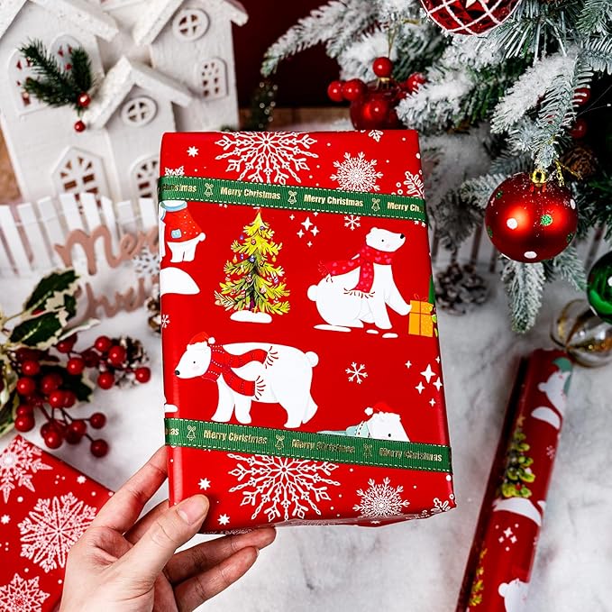 MAYPLUSS Christmas Wrapping Paper Roll - 17IN X 33FT - Red Gift Wrap Paper Featuring Christmas Tree Polar Bear Scarf Hat Reversible Snowflake for Kids, Holiday, New Year