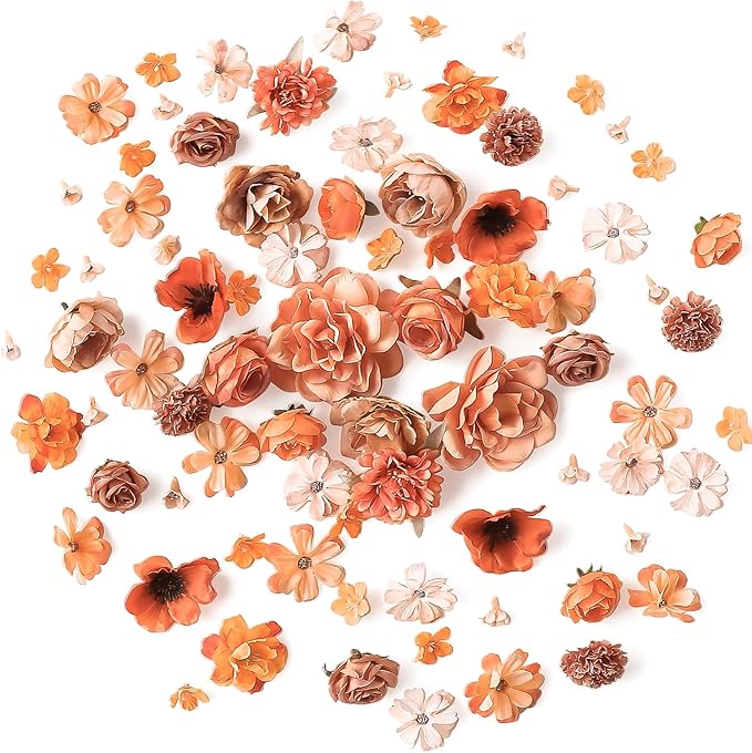 Floroom Mini Artificial Flower Heads Burnt Orange & Terracotta Fake Peony Daisy Rose Multicolor Small Faux Silk Flower Heads for Cake Craft Garland Wedding Party Graduation Cap DIY Home Decoration