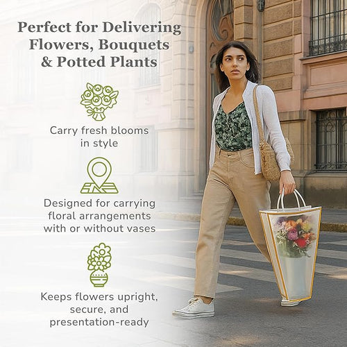 14 Reusable Floral Vase Bag for Bouquets - Portable Flower Bouquet Bags with Ventilation Holes and Ergonomic Handles, Gift-Ready, Tuxedo Gold