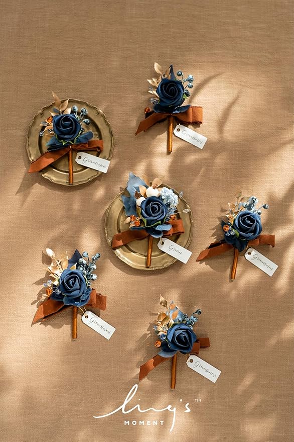 Ling's moment Boutonniere for Men, 6pcs Groom Groomsmen Boutonniere, Artificial Flowers for Wedding Decor/Prom/Homecoming, etc.Burnt Orange Navy Blue