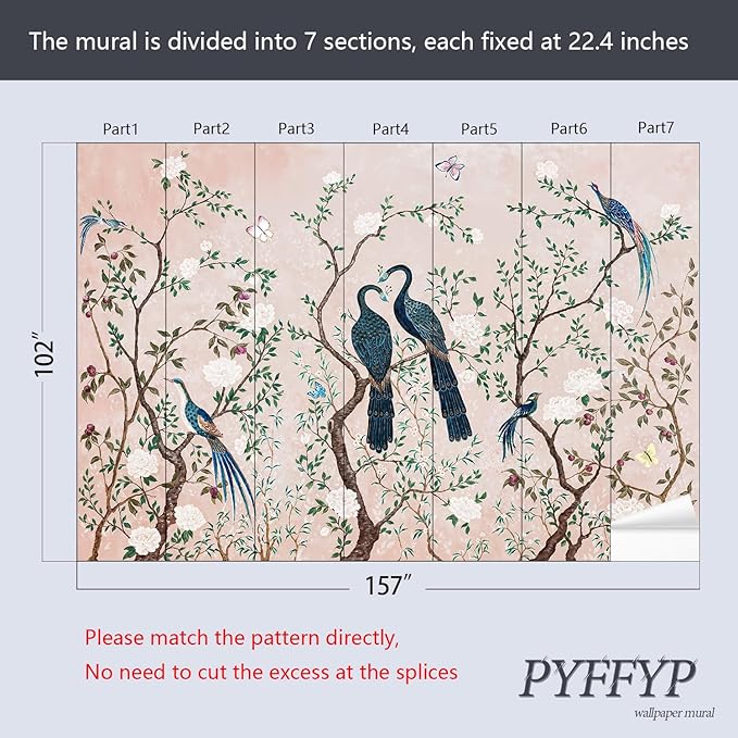 PYFFYP- Chinoiserie Pink Flowers and Bird Wallpaper Vintage Peacock murals for Living Room(Not Peel and Stick)