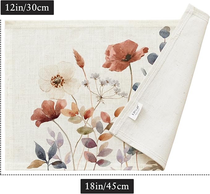LilyCat Linen Fabric Floral Placemats, Waterproof Durable Boho Dining Table Mats for Kitchen, Rustic Vintage Washable Place Mats Set of 6, 18’’× 12’’