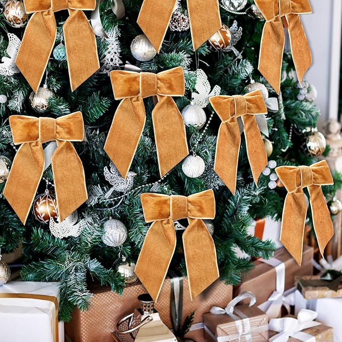 30 Pcs Velvet Ribbon Bows 5" x 4" Pre Tied Christmas Velvet Bows with Twist Tie for Gift Packaging Christmas Tree Wreaths Door Windows Wedding Party Decoration (Golden Brown)