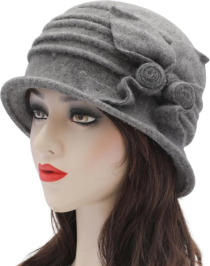 ZLYC Women Wool Cloche Bucket Hat 1920s Vintage Dress Winter Hats with Flower Accent