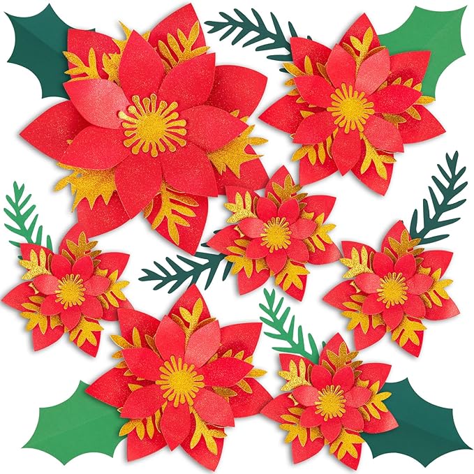 17PCS Christmas Paper Flower Wall Decoration Red Gold Poinsettia Large Flowers Artificial Christmas Flower Window Stickers Flower Window Wall Art Decals for Xmas Party, Living Room Door Xmas Tree