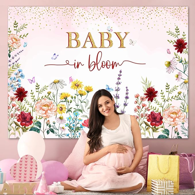 Baby in Bloom Backdrop Wildflower Baby Shower Decorations for Girl,Pink Watercolor Floral Baby in Bloom Baby Shower Party Banner Wild Flower Theme Babyshower Background Photo Booth Props 5x3ft