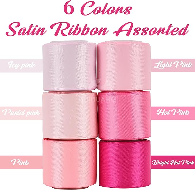 HUIHUANG Pink Ribbon 1-1/2" Satin Ribbon Assorted Pink/Hot Pink Satin Ribbons for Flower Bouquet, Gift Wrapping, Hair Bows Crafts, Wedding Bridal Shower Decor- 6 Rolls, Total 30 Yards