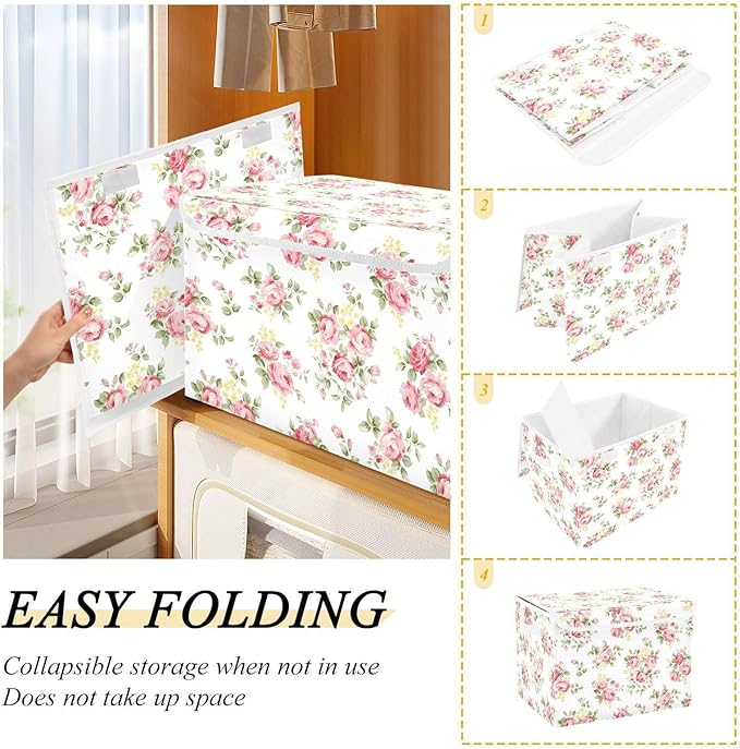 Flower Baskets Collapsible Storage Bins with Lids, Pink Rose Flower Floral Storage Boxes Clothes Baskets for Organizing
