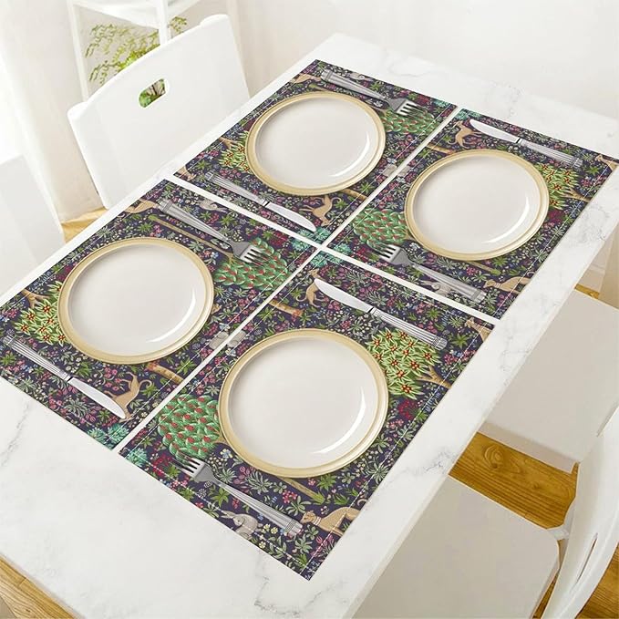 William Morris Placemats Boho Rural Farmhouse Vintage Flower Art Printed Dining Table Mats Set of 4 for Home Kitchen Holiday Picnic Party Decor 12x18in