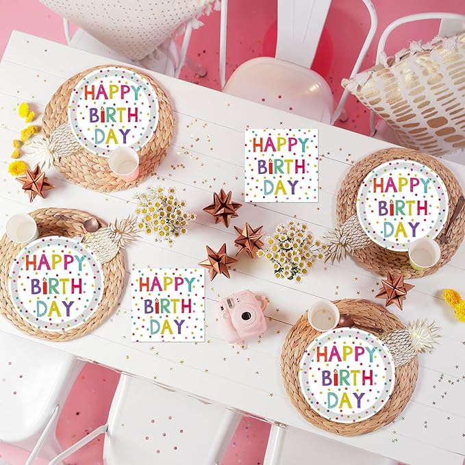 40 Pcs Birthday Plates & Napkins Party Supplies, Disposable Happy Birthday Dots Design Tableware Set for 20 Guests