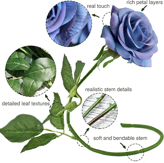 FiveSeasonStuff Fake Roses Wedding Flowers Real Touch Silk Midnight Blue Artificial Flowers 12 Stems