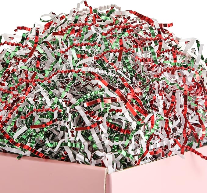 UNIQOOO 1/2 LB Metallic Red Green White Crinkle Cut Paper Shredded Filler, Christmas Peppermint Candy Cane Raffia Tissue Zig, Strands Shred Craft Bedding Cushion,Wedding Birthday Gift Boxes Bag Retail