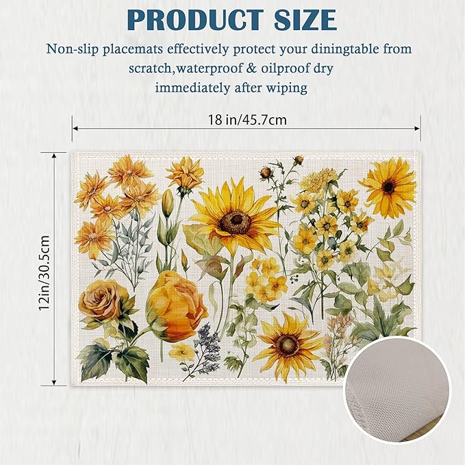 Retro Sunflower Placemats Set of 4, Flower Plants Place Mats Non-Slip Heat Resistant Washable Placemat for Party Kitchen Dining Table Decoration Indoor Outdoor 12x18 Inch