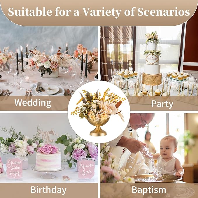 Sziqiqi Urn Vases for Wedding Centrepiece - 6in High Gold Metal Vase Set of 2 Small Vintage Flower Arrangement Pots for Table Centrepieces Elegant Hammered Vase for Christmas Anniversary Party