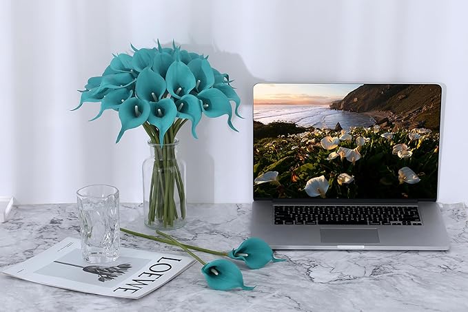 SITUMEIZI 24 PCS Teal Fake Flowers Artificial Calla Lily Silk Flowers Real Touch for Mother's Day Easter Home Kitchen Decor Wedding Bouquet Office Spring Decoration(Teal Blue)