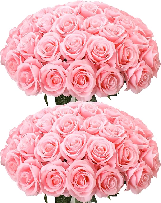 50pcs Artificial Roses Flowers in Bulk,Realistic Silk Fake Rose with Long Stem for Wedding Centerpieces Bouquet Party Floral Arrangement Home Decoration(Pink)