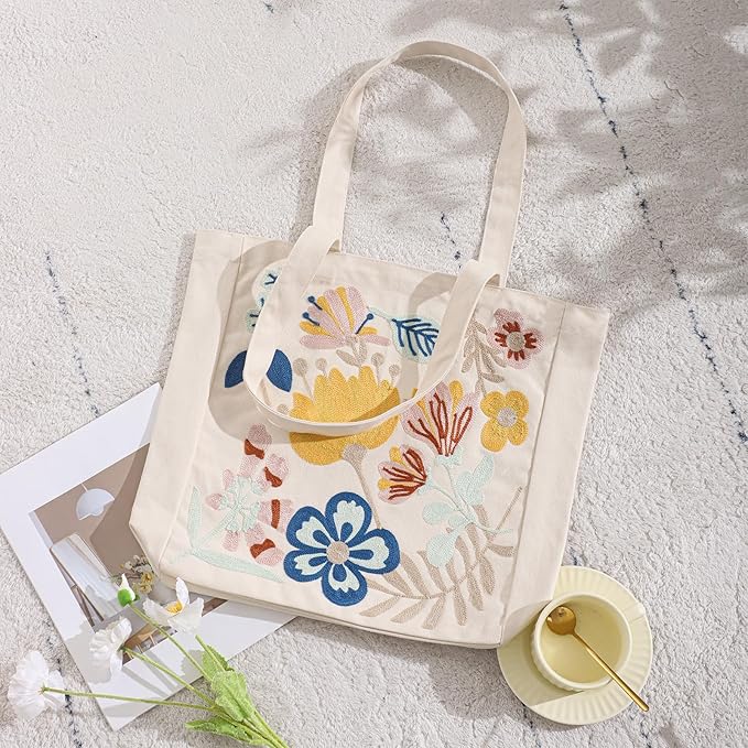 Aesthetic Embroidery Tote Bag for Lady Cute Reusable Canvas Shoulder Bag for Girls Women Shopping Grocery