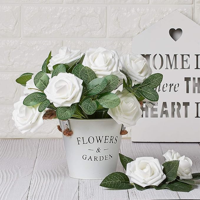 N&T NIETING Artificial Flowers 50pcs Real Touch White Flowers Artificial Roses for Decoration for DIY Wedding Bouquets Bridal Centerpieces Floral Shower Party Tables Home Arrangement
