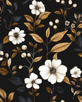 Vintage Black Floral Wallpaper Peel and Stick 17.4" x 118", Retro Golden Leaf White Flower Pattern Contact Paper Classic Removable Covering for Bedroom Bathroom Cabinet Drawer Home Decor Dark